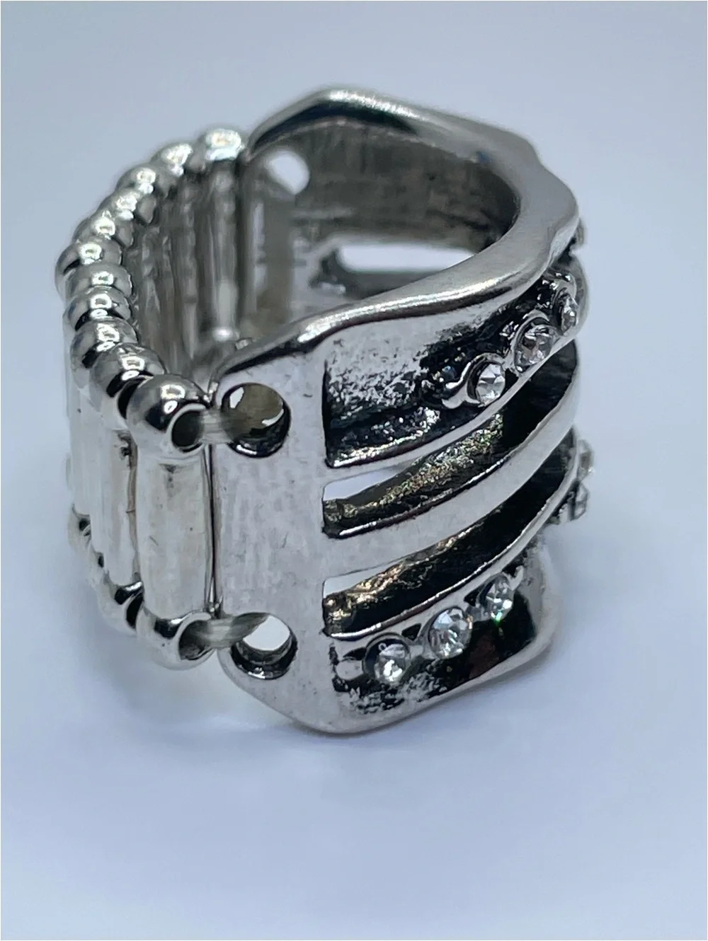 Silver Tone Crystal Stretch Ring Wide Band Statement Ring